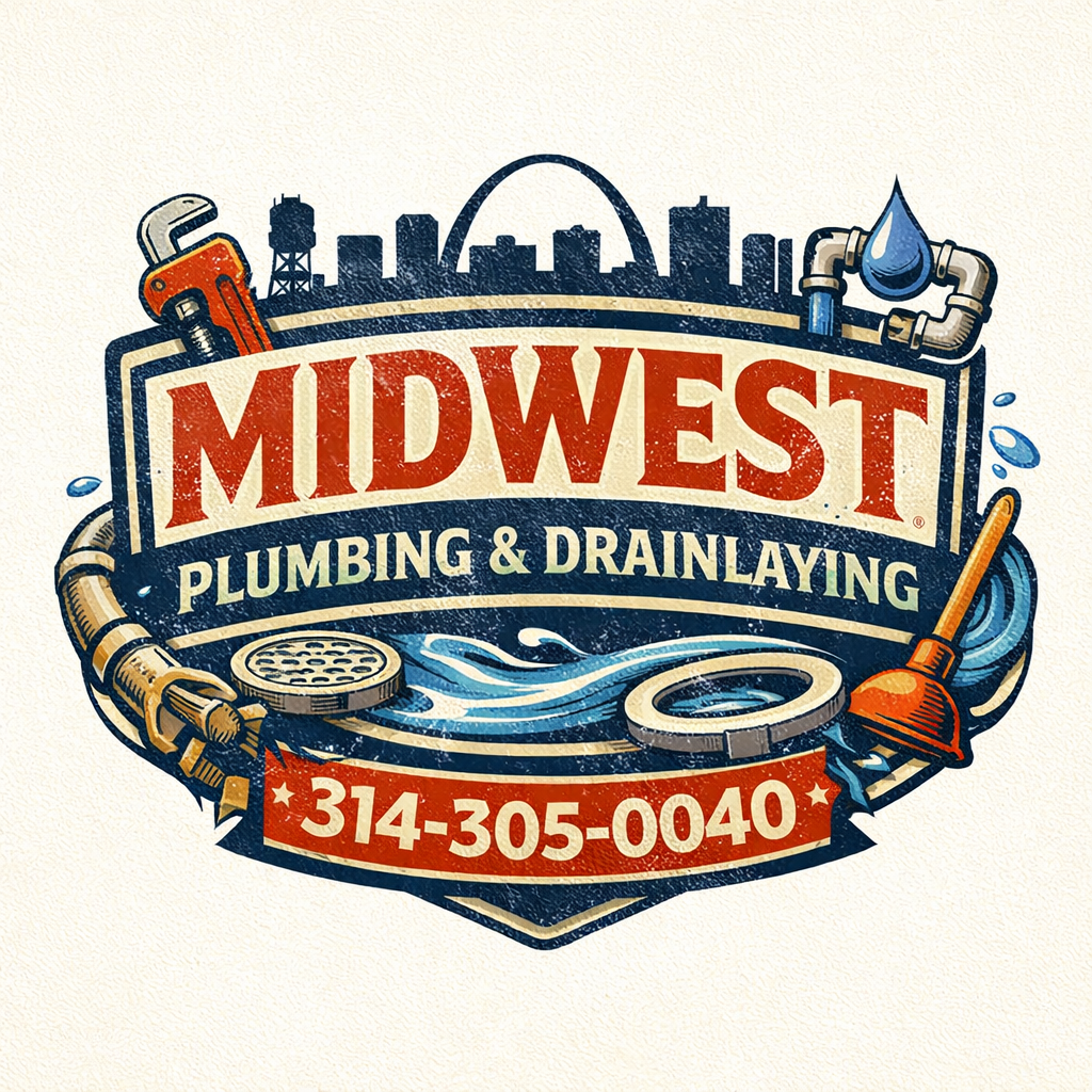 Midwest Plumbing and Drainlaying logo with St. Louis skyline and phone 314-305-0040